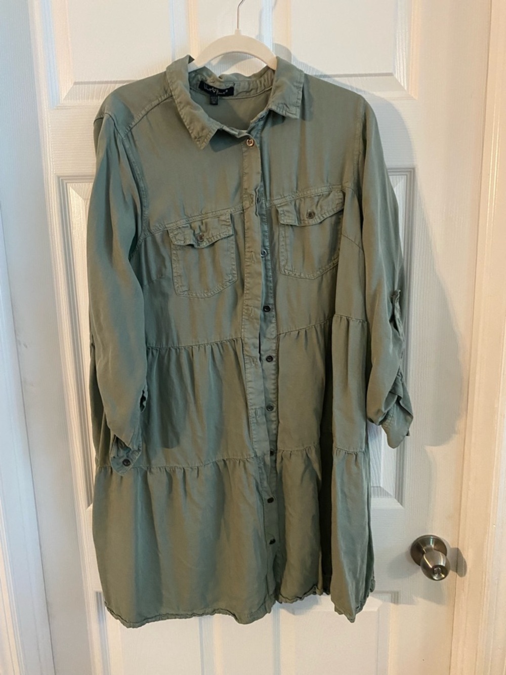 Velvet Heart Sage Green Tiered Mini Shirt Dress